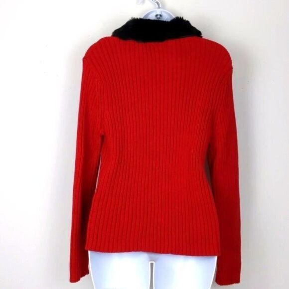 Liz Claiborne Womens Sweater Cardigan Red full zip long sleeve w/black collar PS - Picture 4 of 10